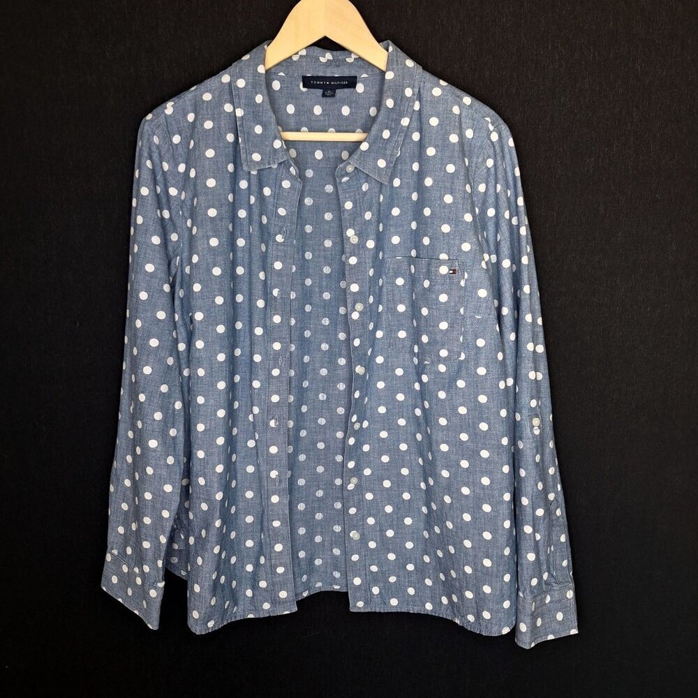 💙 Tommy Hilfiger Polkadot Denim Jeans Button Down Size XL 100% Cotton Preppy Cu